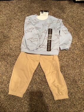 Blue Dachshund Print Sweatshirt and Khaki Jogger Set - 3T